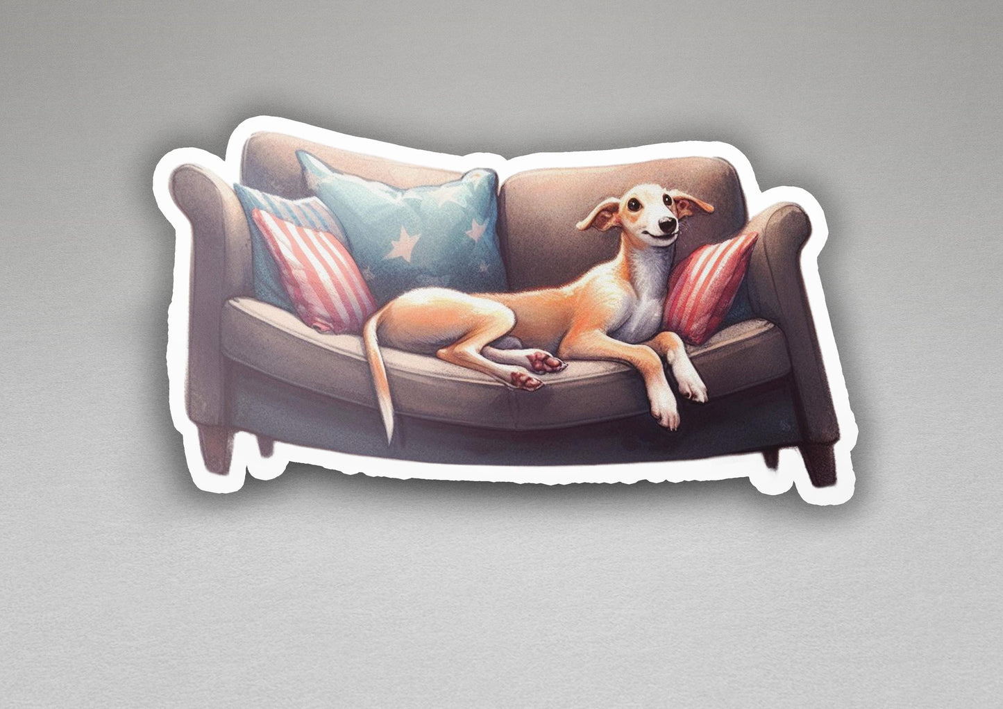 a sticker of a dog laying on a couch