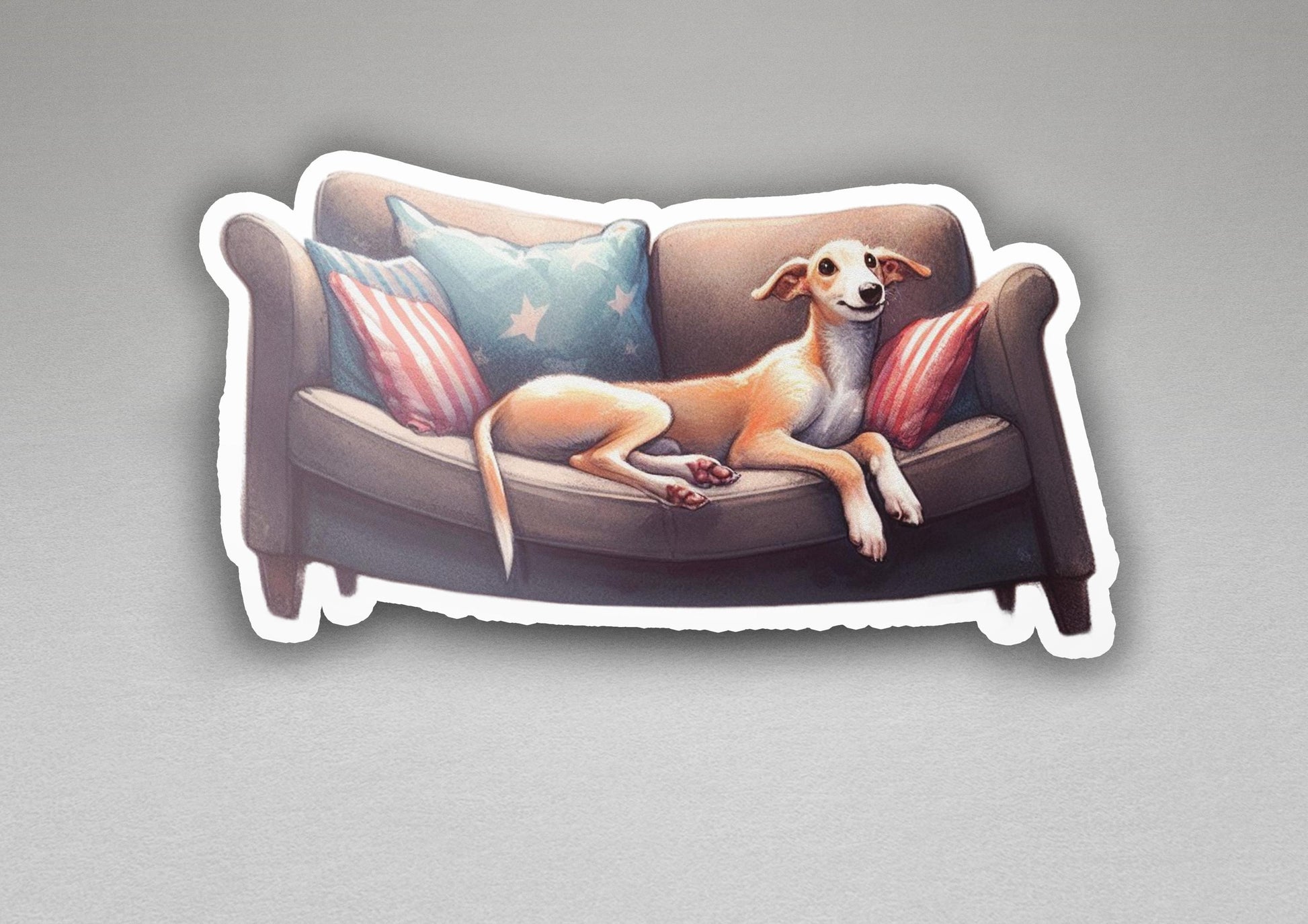 a sticker of a dog laying on a couch