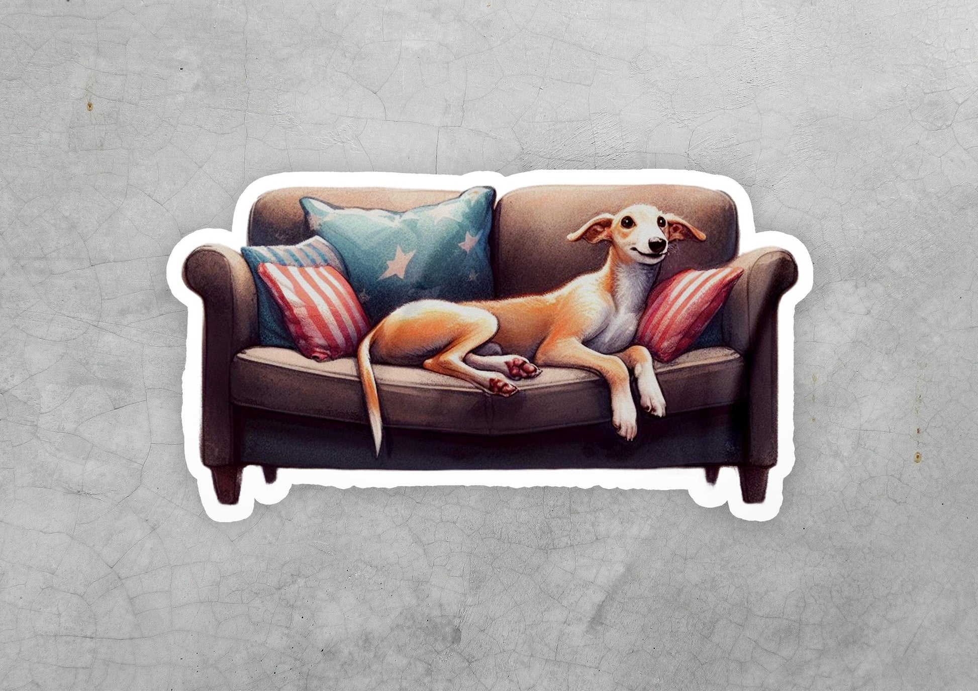 a sticker of a dog laying on a couch