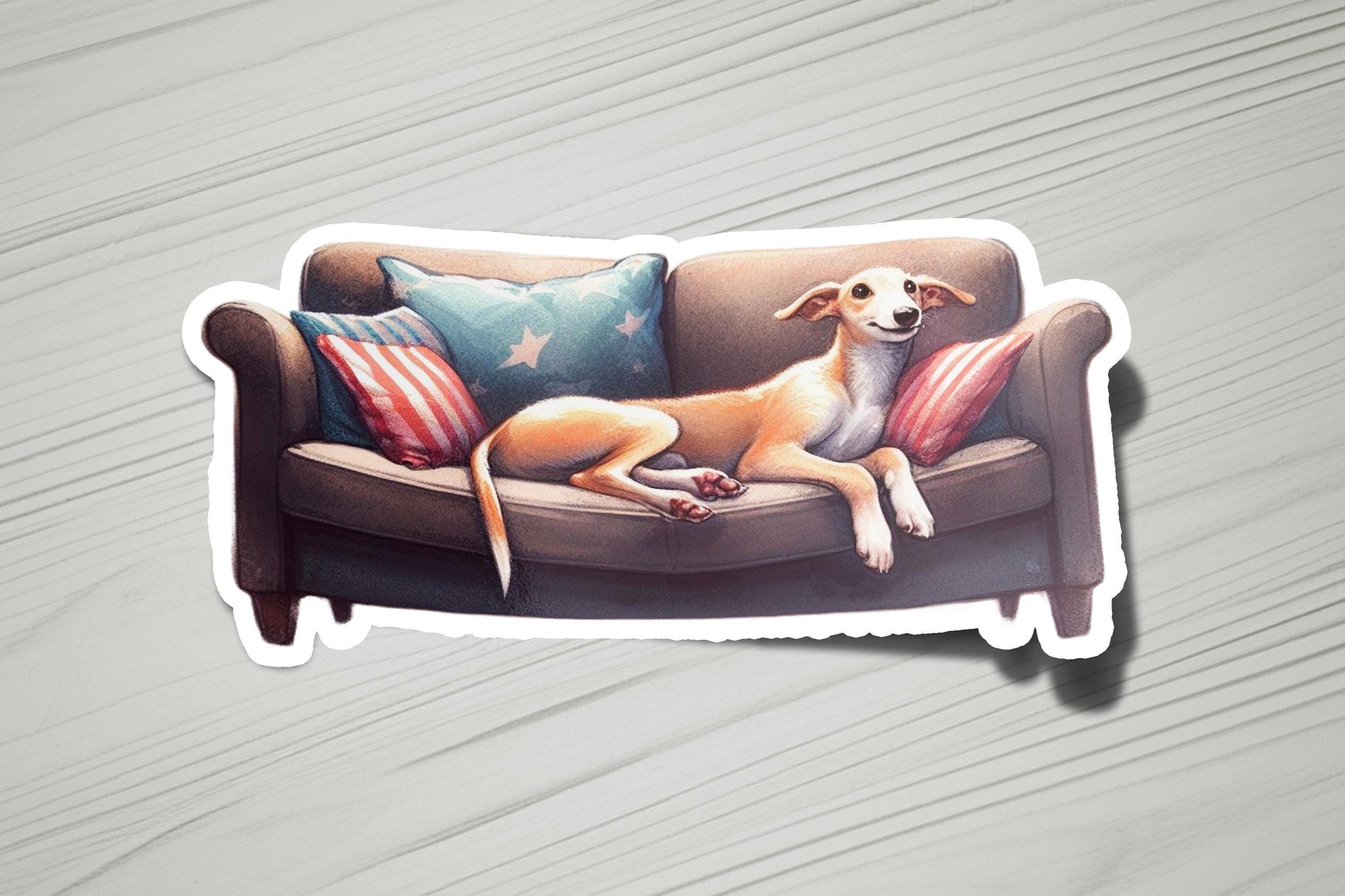 a sticker of a dog laying on a couch