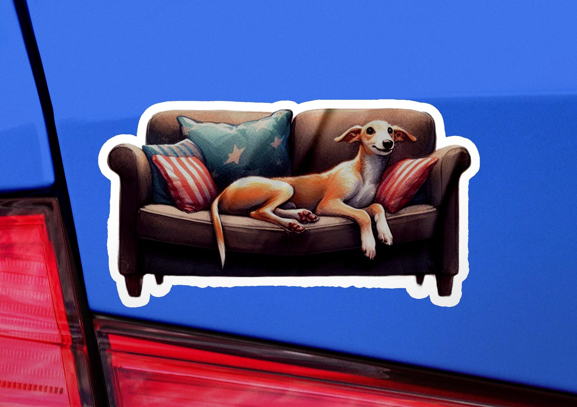 a sticker of a dog laying on a couch