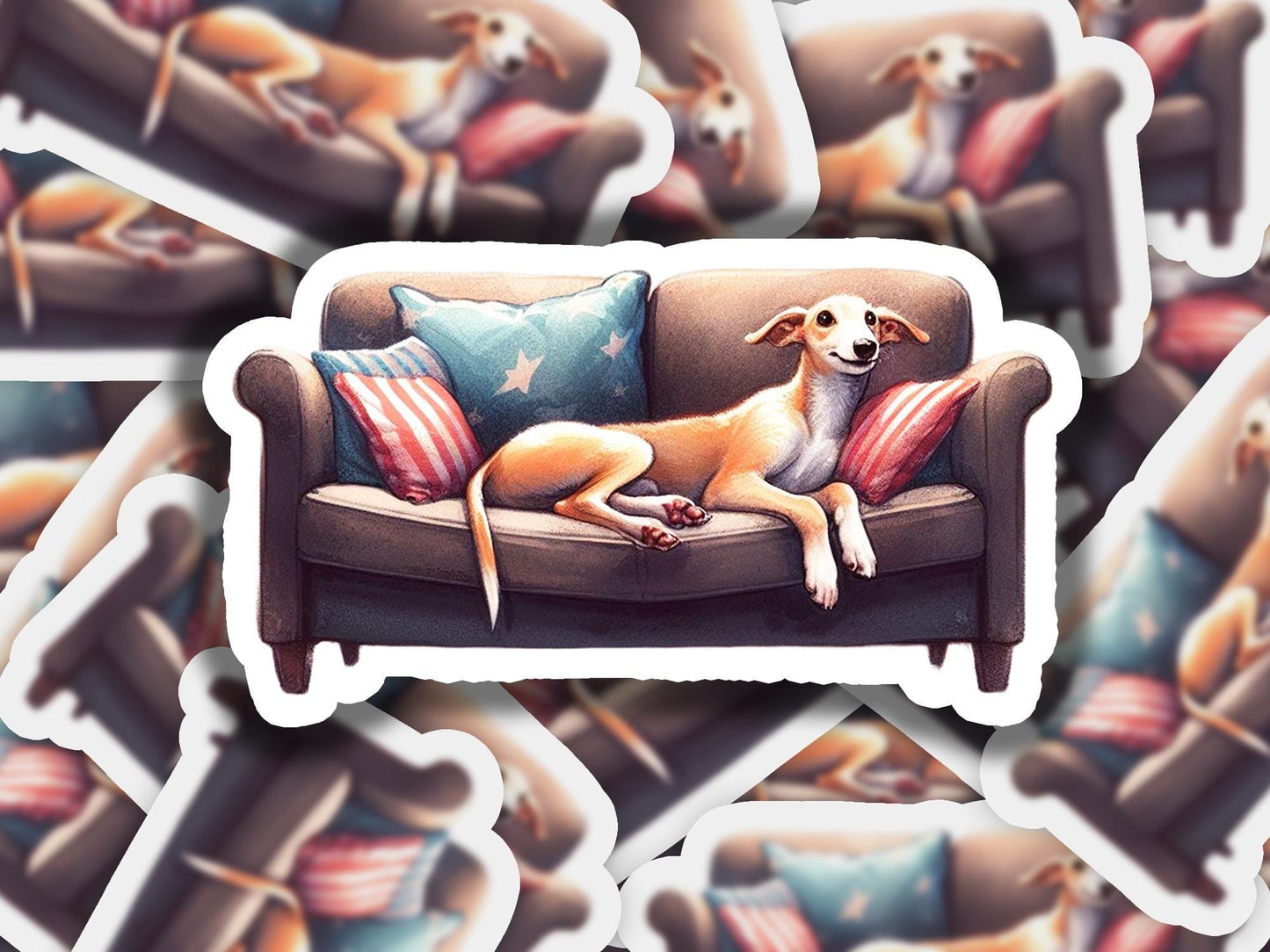 a sticker of a dog laying on a couch