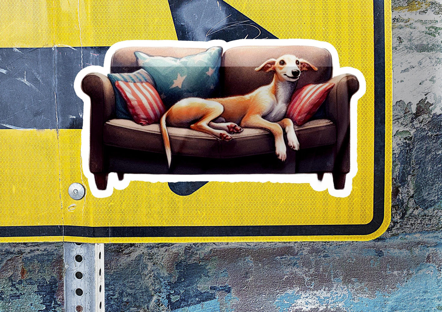 a sticker of a dog laying on a couch