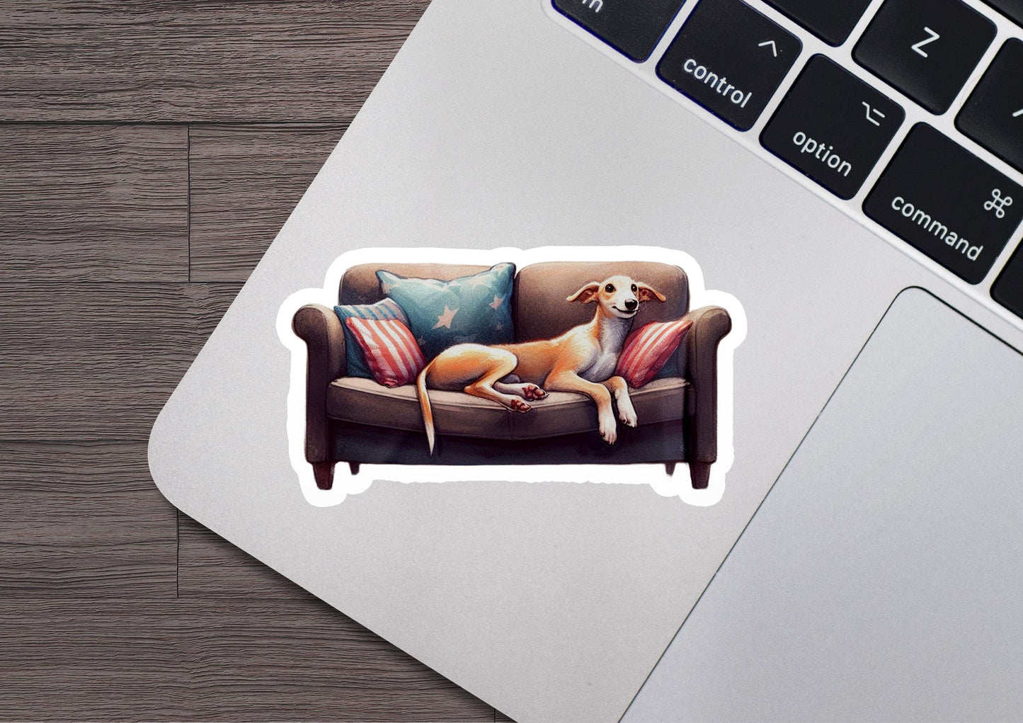 a sticker of a dog sitting on a couch