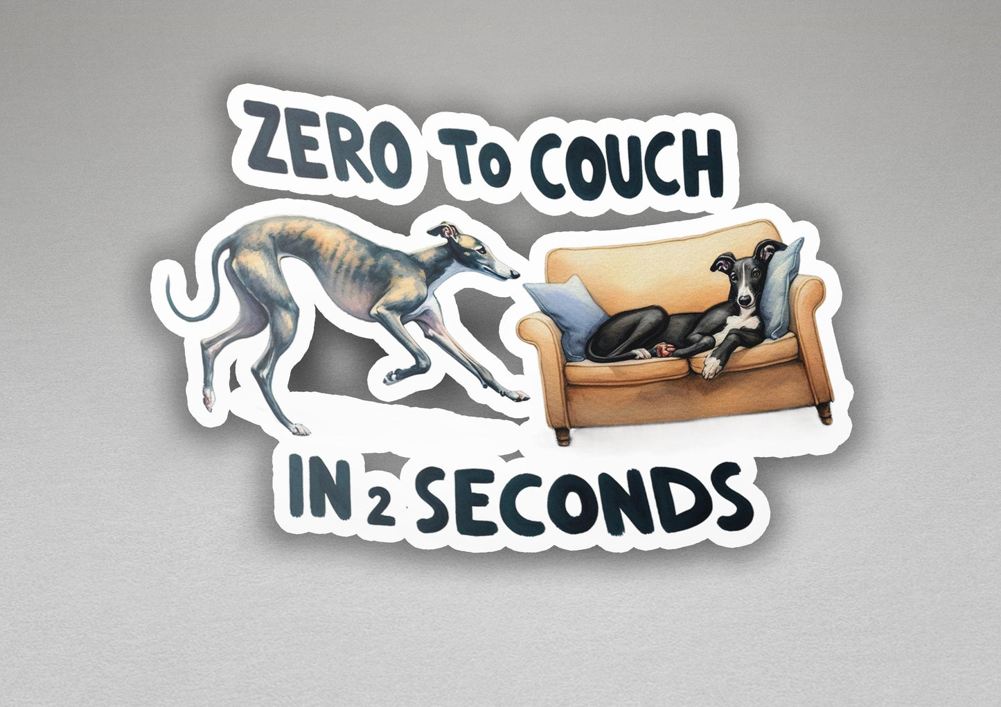 a sticker of a dog and a couch with the words zero to couch in