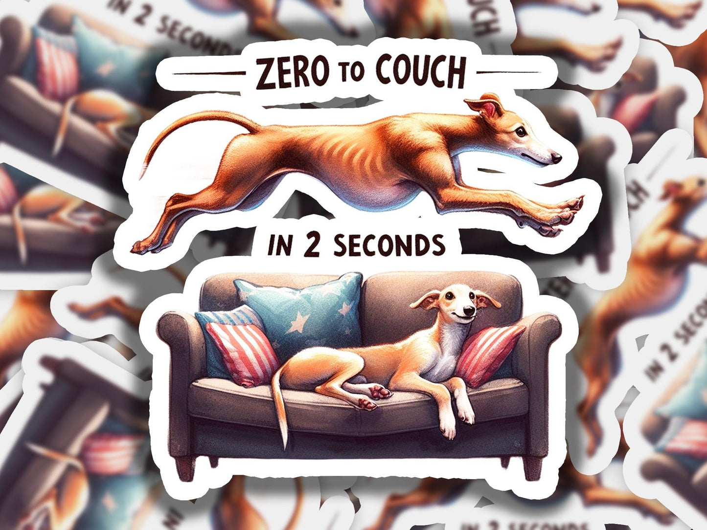 two stickers of a dog laying on a couch