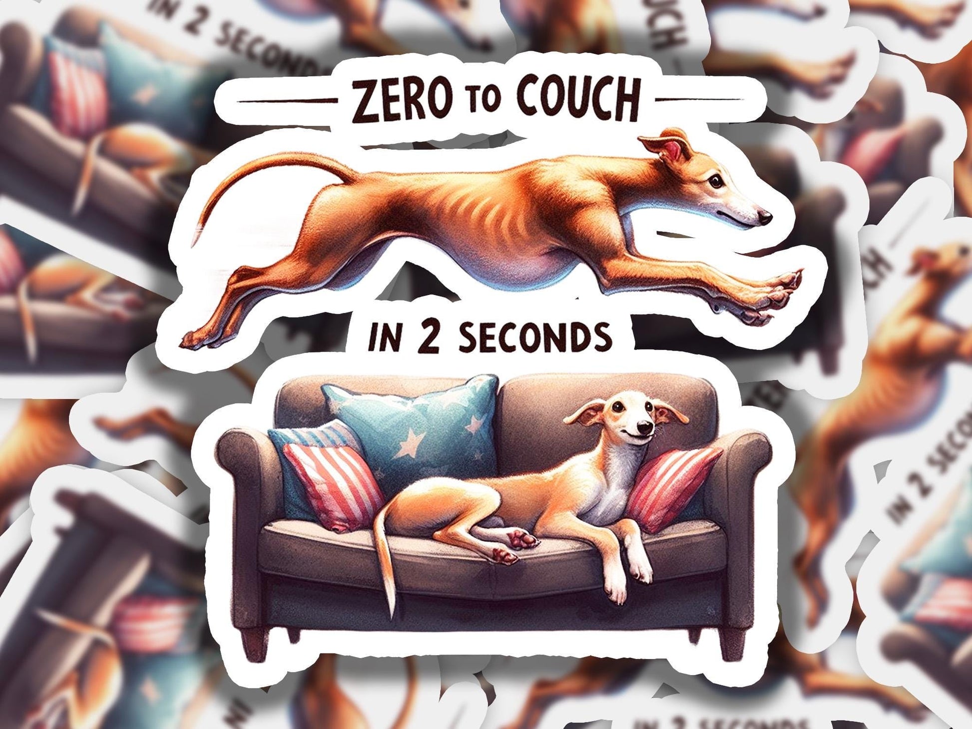 two stickers of a dog laying on a couch