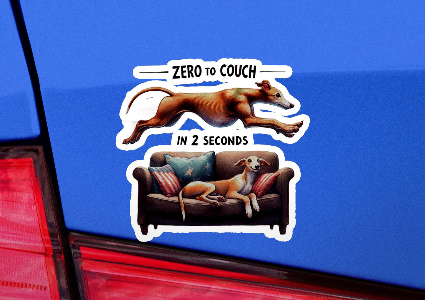 a sticker of a dog sitting on a couch