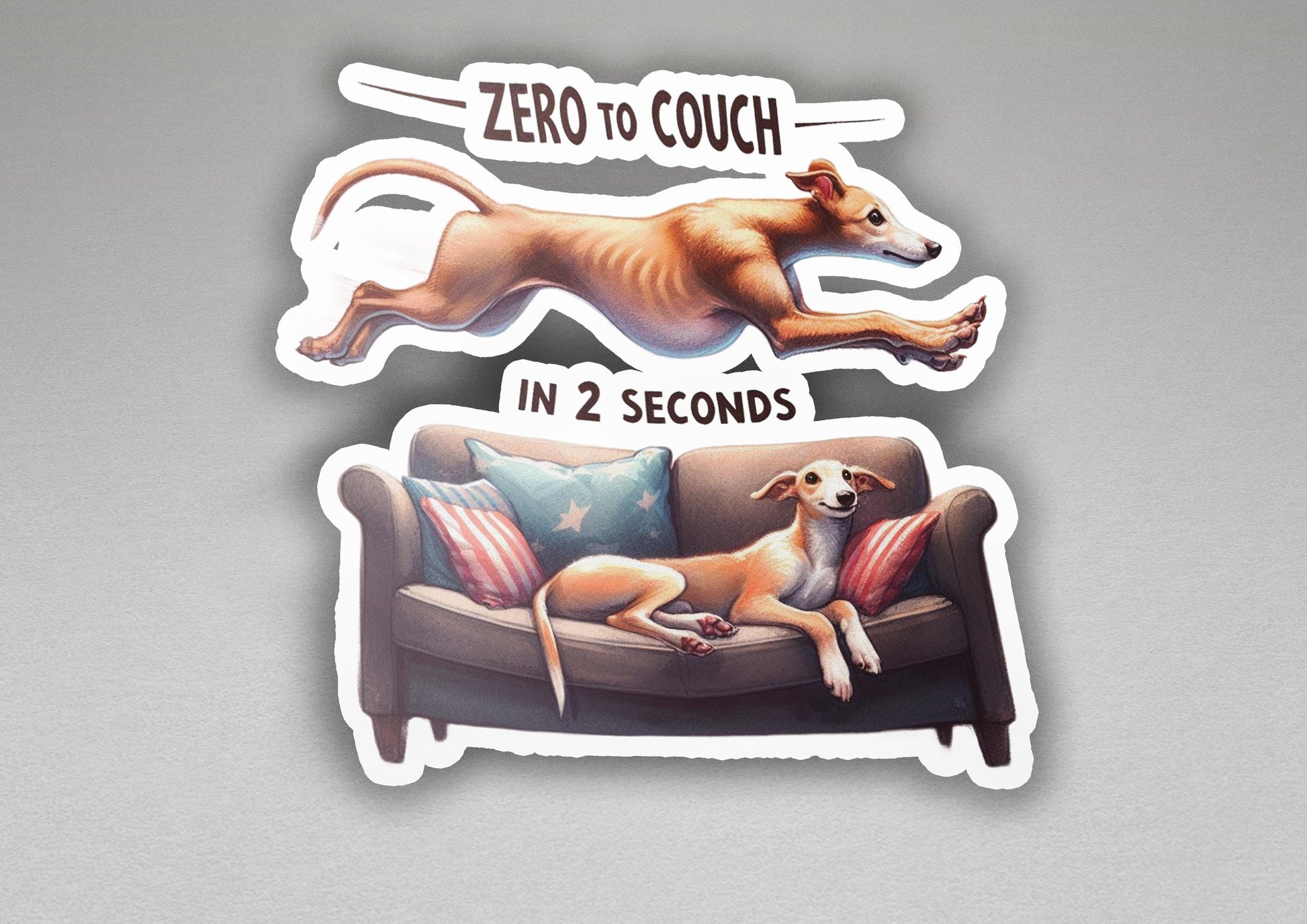 two stickers of a dog laying on a couch