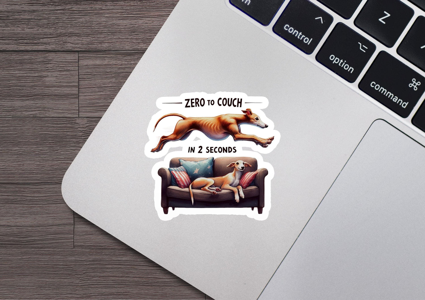 a sticker of a dog jumping over a couch