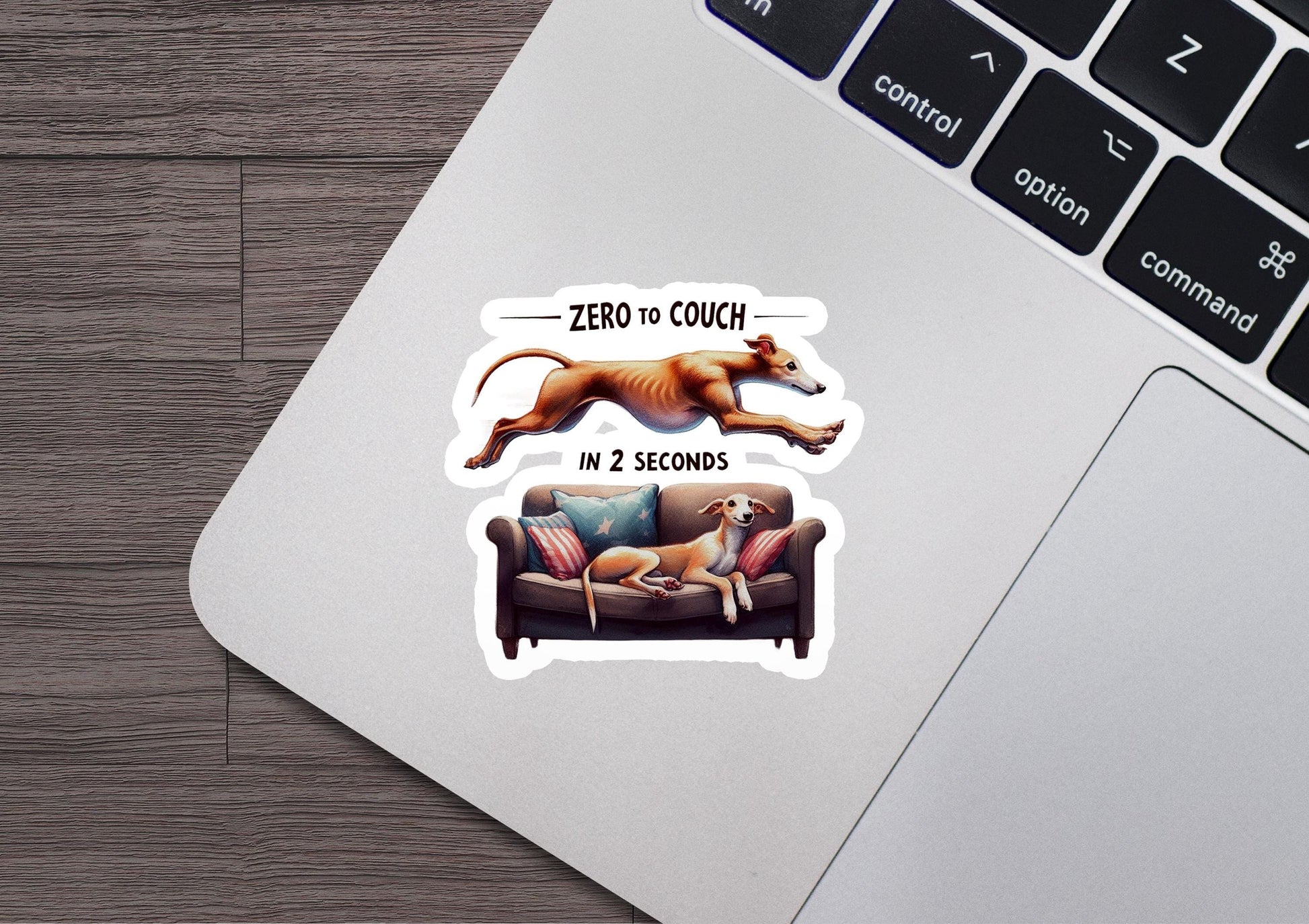 a sticker of a dog jumping over a couch