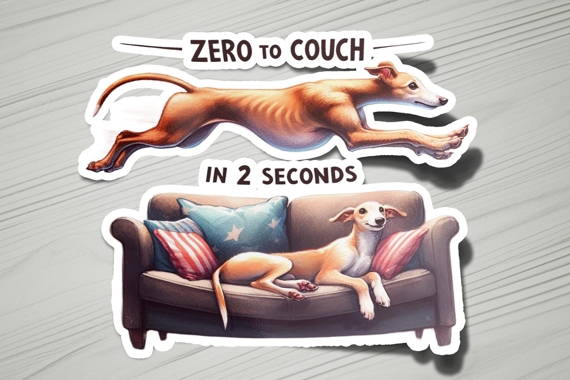 two stickers of a dog laying on a couch