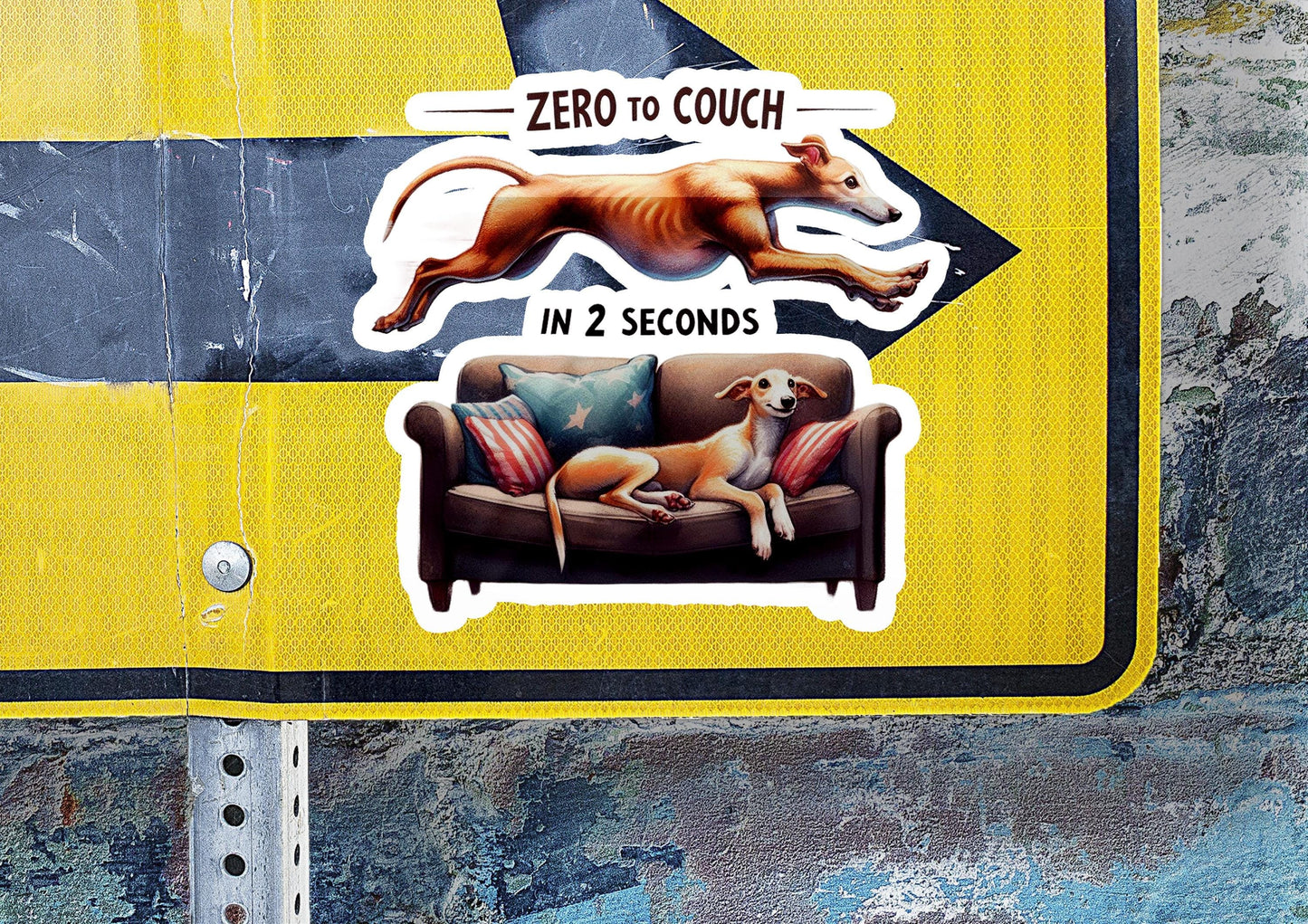 a yellow street sign with stickers on it