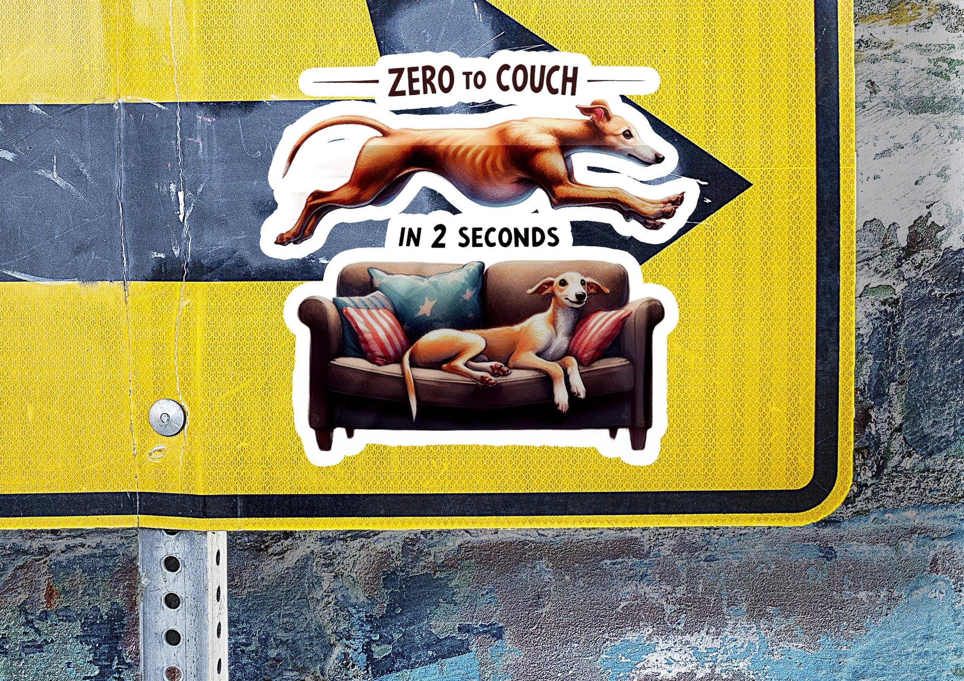 a yellow street sign with stickers on it