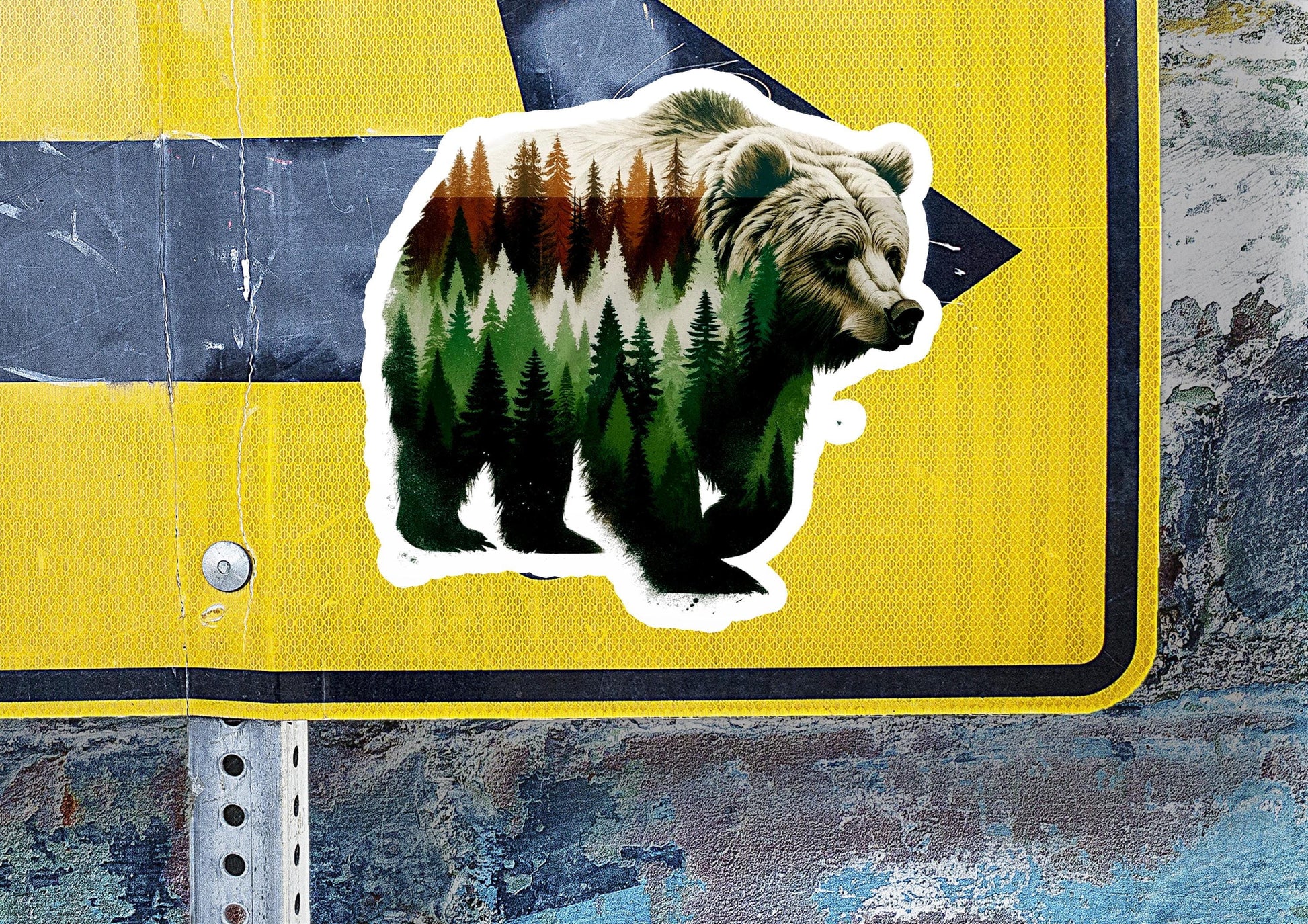 a sticker of a bear on a road sign