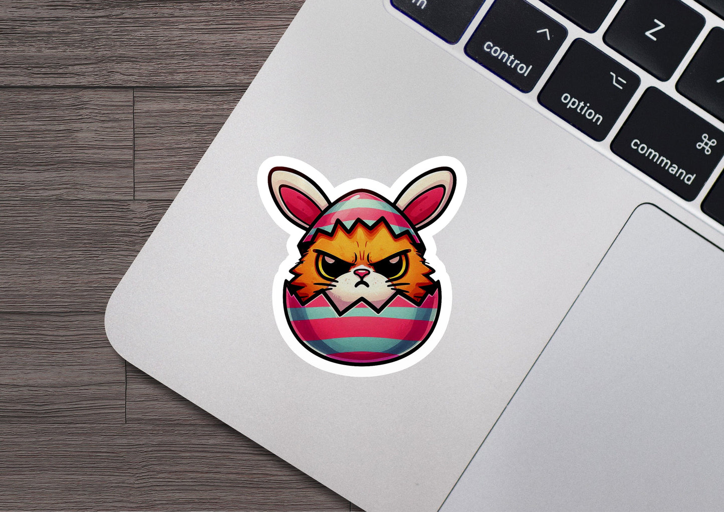 a laptop with a sticker of a cat wearing an easter egg