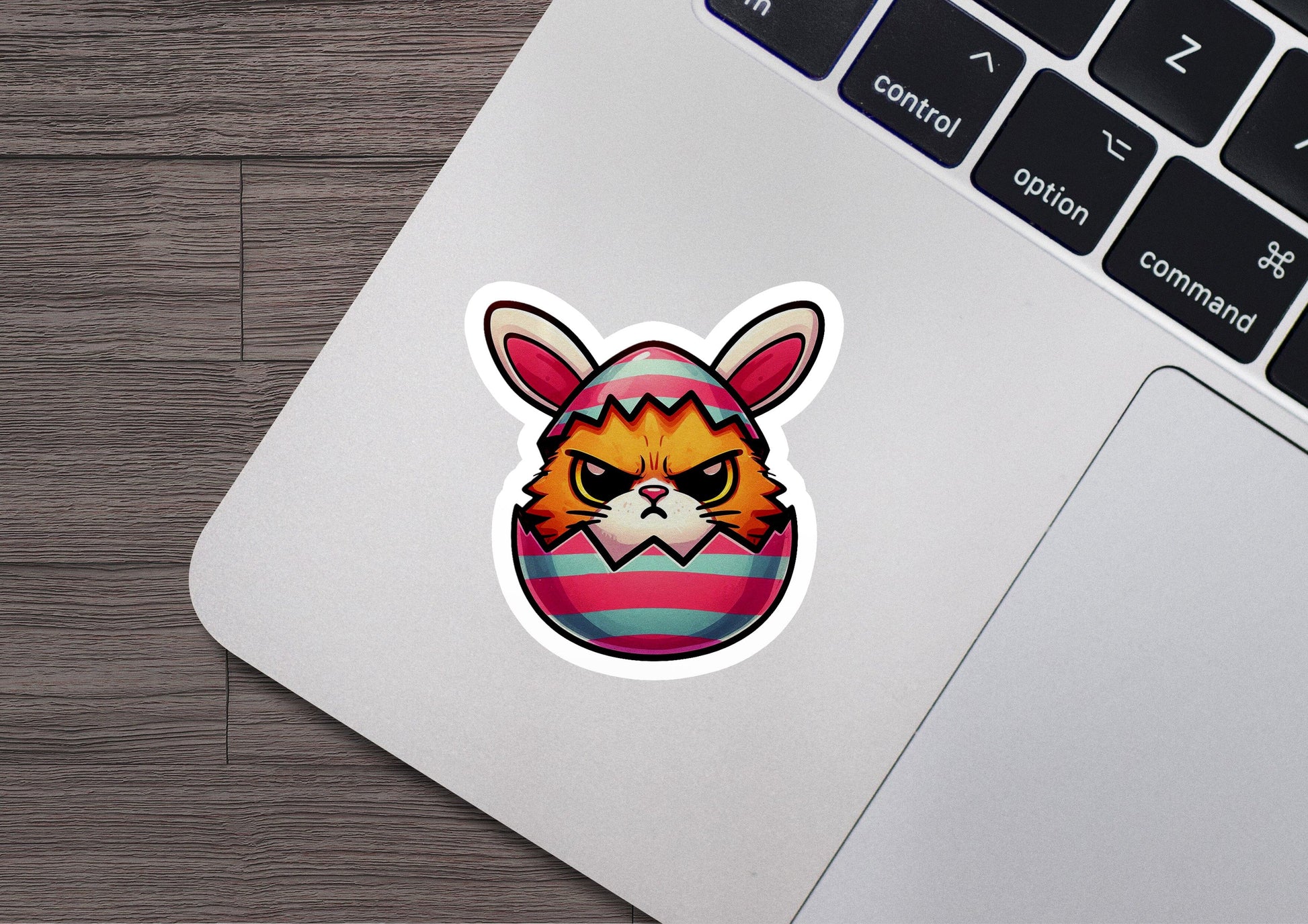 a laptop with a sticker of a cat wearing an easter egg
