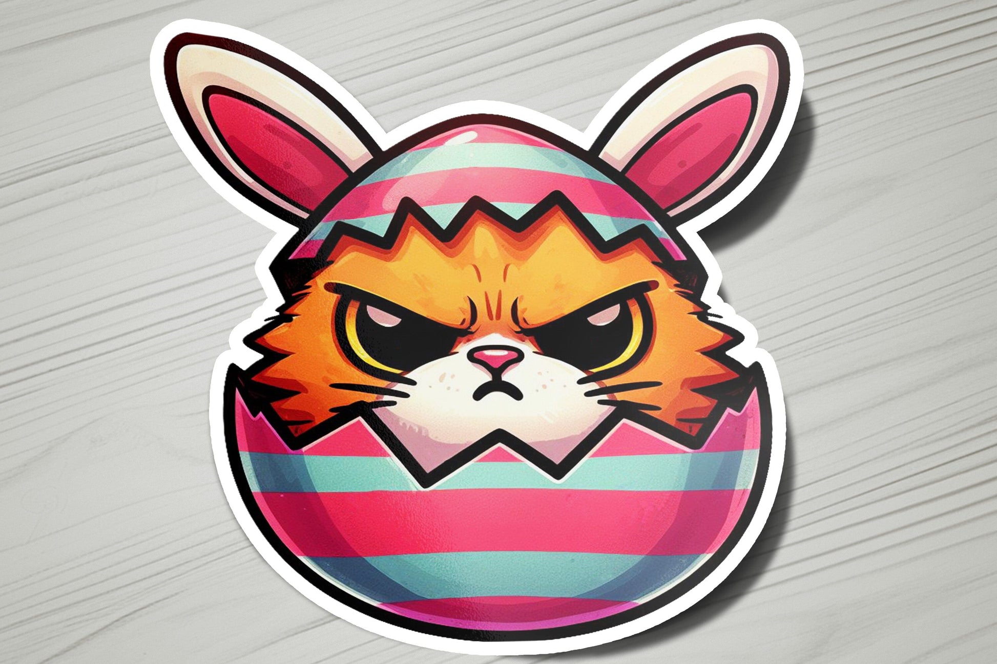 a sticker of a cat in a striped egg
