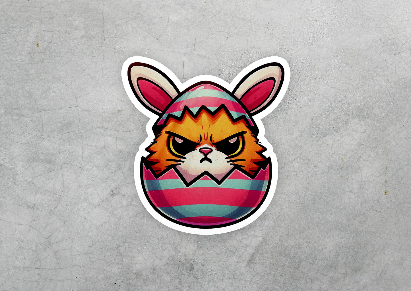 a sticker of a cat with an egg on it