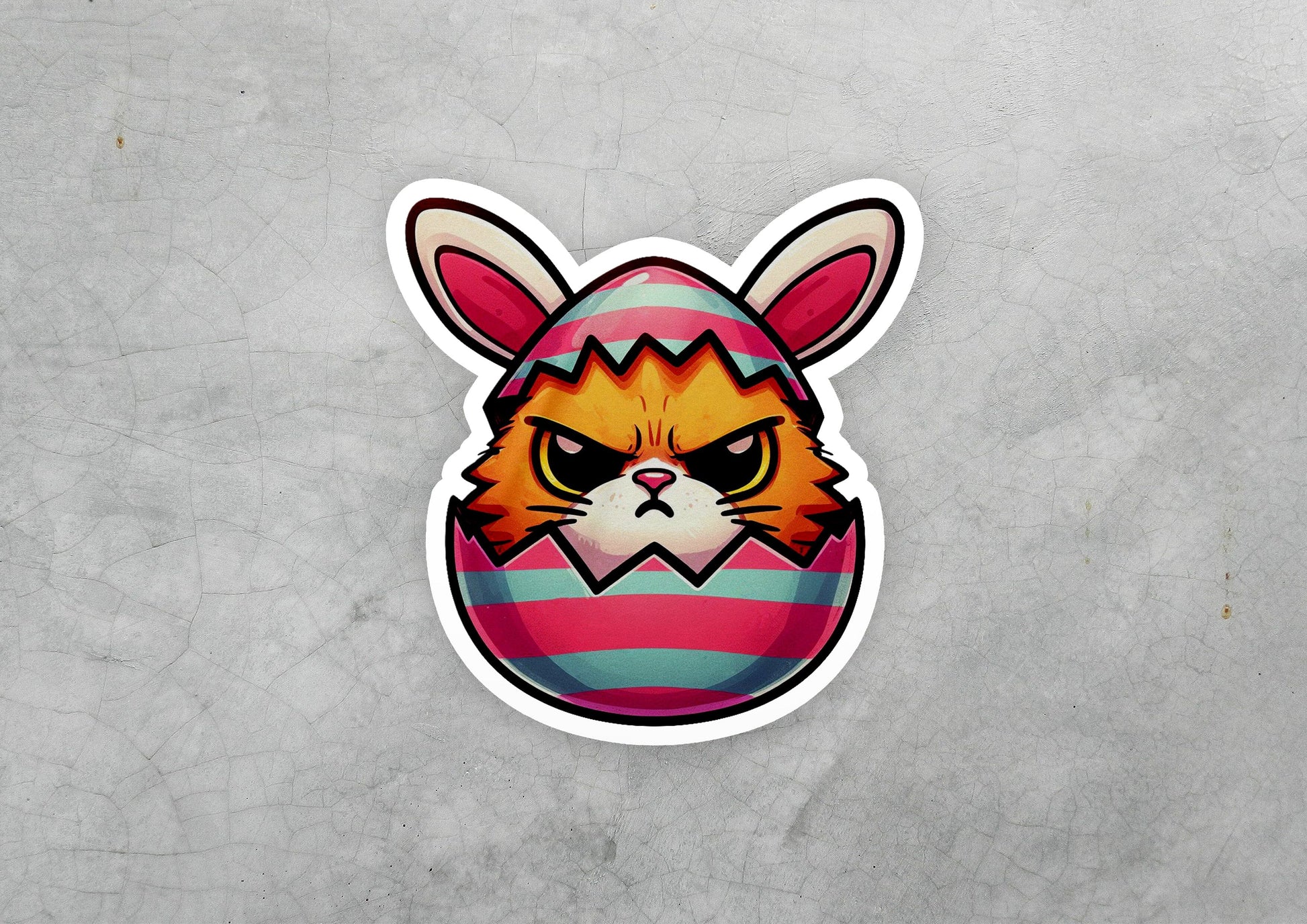 a sticker of a cat with an egg on it