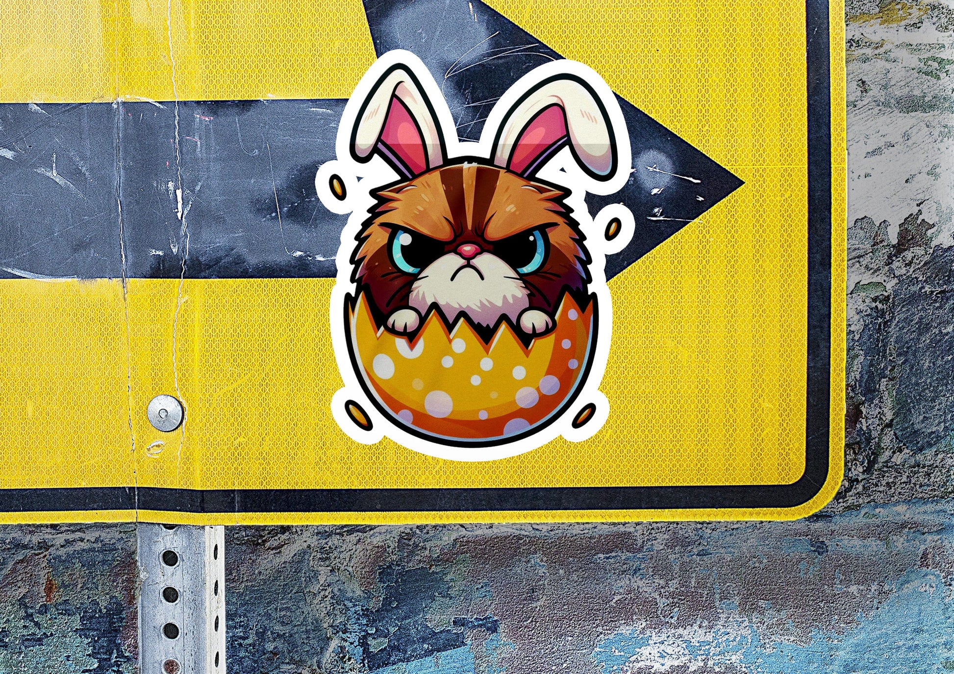a close up of a street sign with a cat sticker on it