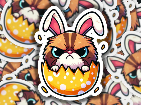 a close up of a sticker of a cat in an egg