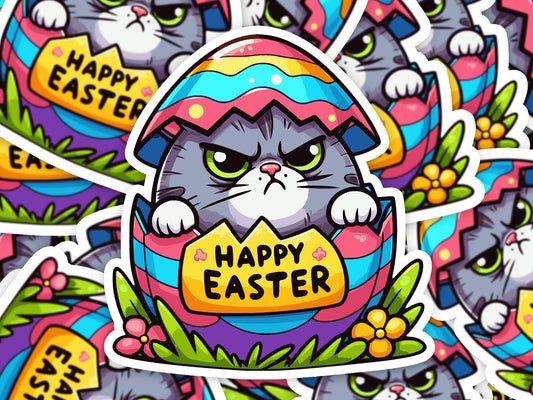 Grumpy Cat Happy Easter Vinyl Sticker | Dishwasher Safe & Durable | Custom Sizes | Fast Shipping | Made in USA Fiesta Doodle waterproof vinyl sticker. dishwasher safe outdoor sticker.