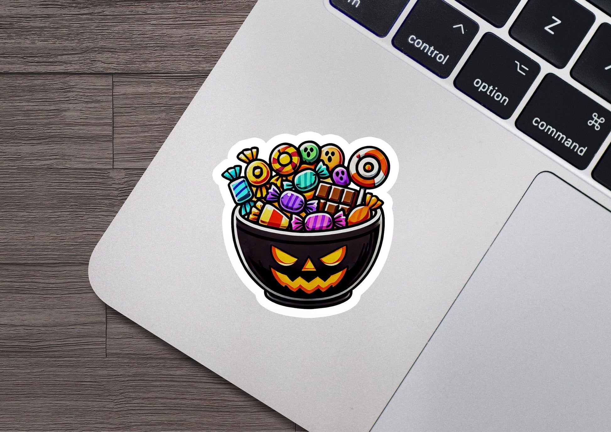 a laptop with a sticker of a halloween candy bowl