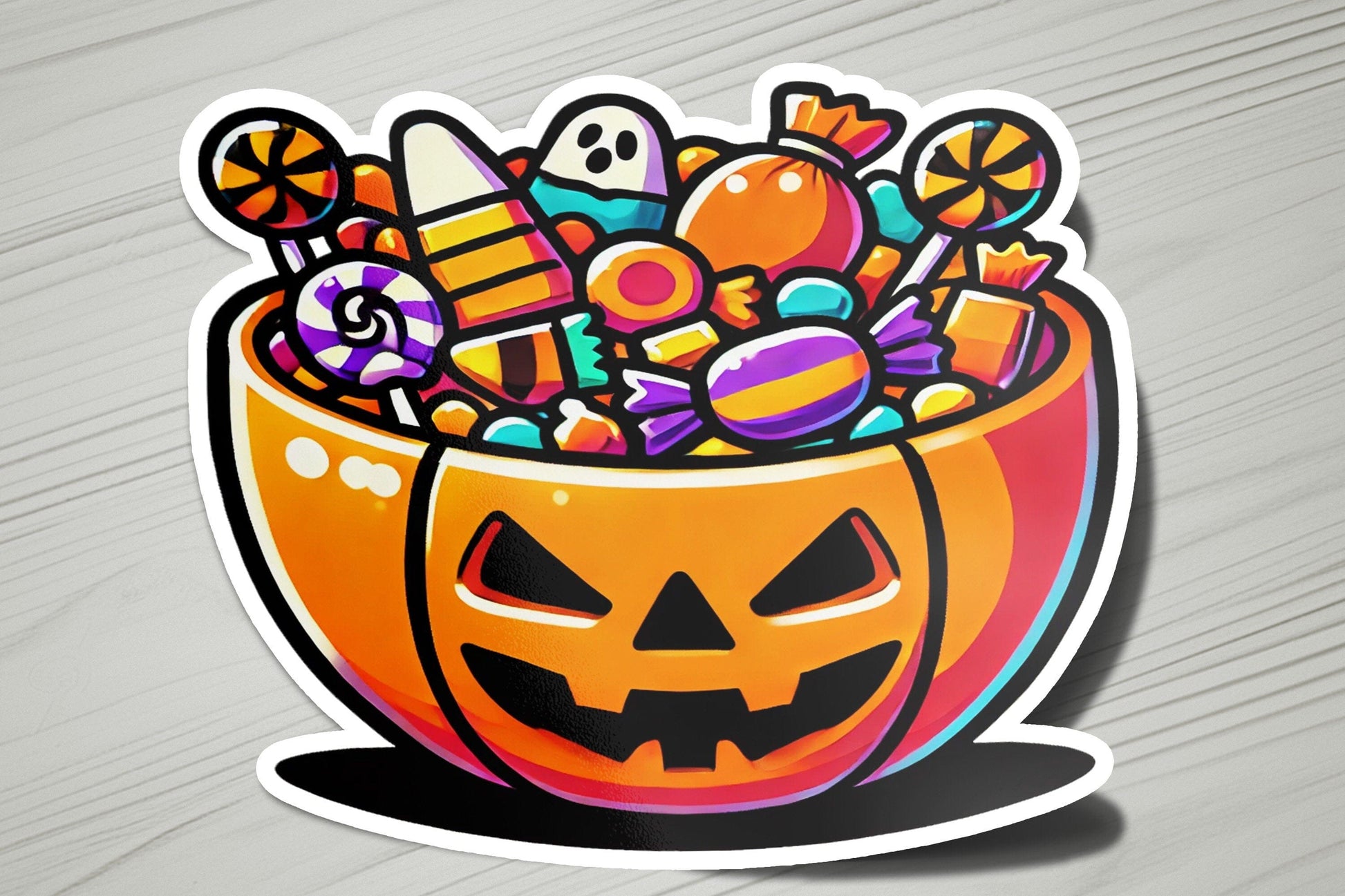 a sticker of a pumpkin bowl filled with candy