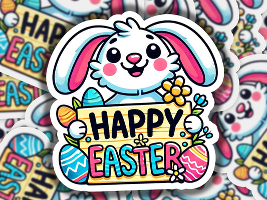 a sticker of a bunny holding a sign that says happy easter