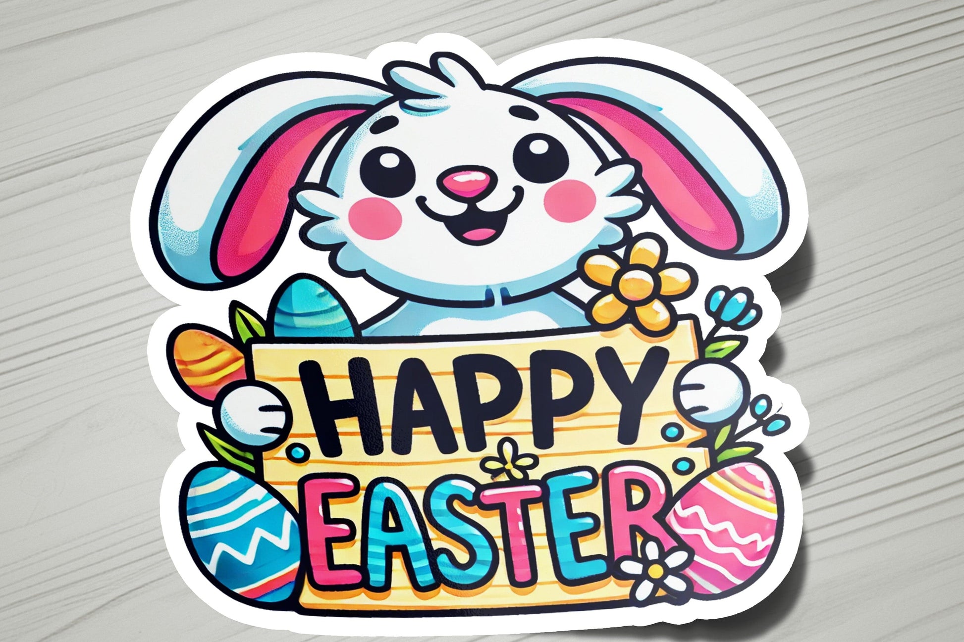 a sticker of a bunny holding a sign that says happy easter