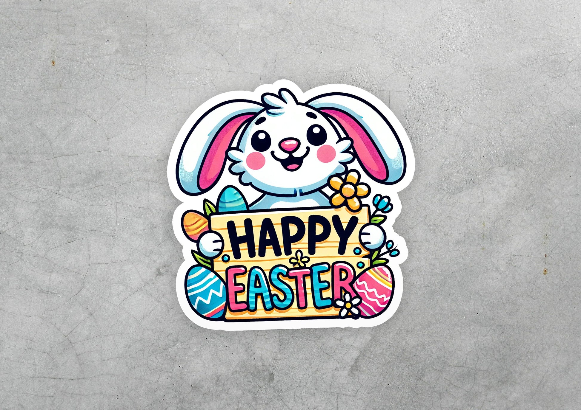 a sticker of a bunny holding a sign that says happy easter