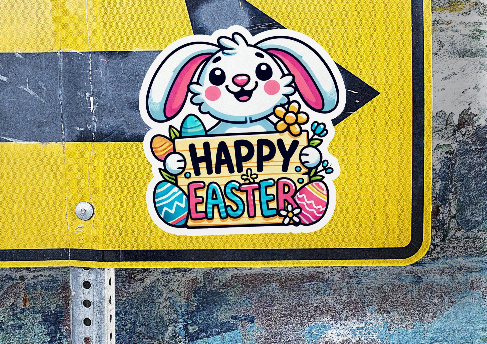 a street sign with a cartoon bunny holding an easter egg