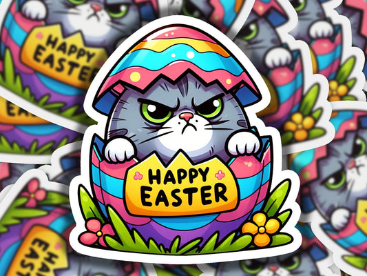 a sticker of a cat peeking out of an easter egg