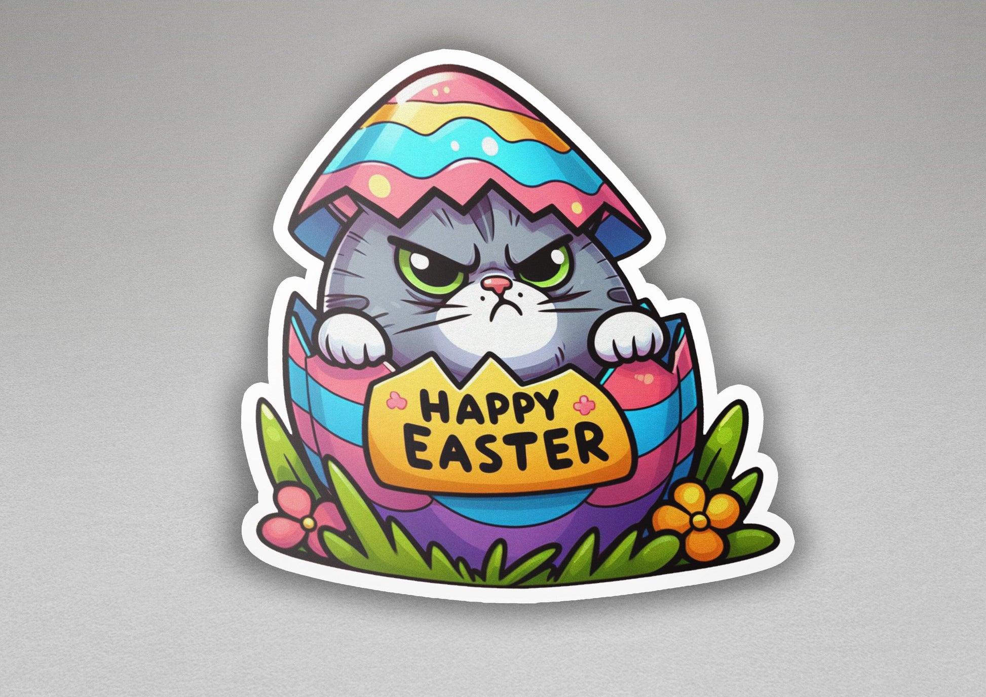a sticker of a cat sitting inside of an egg