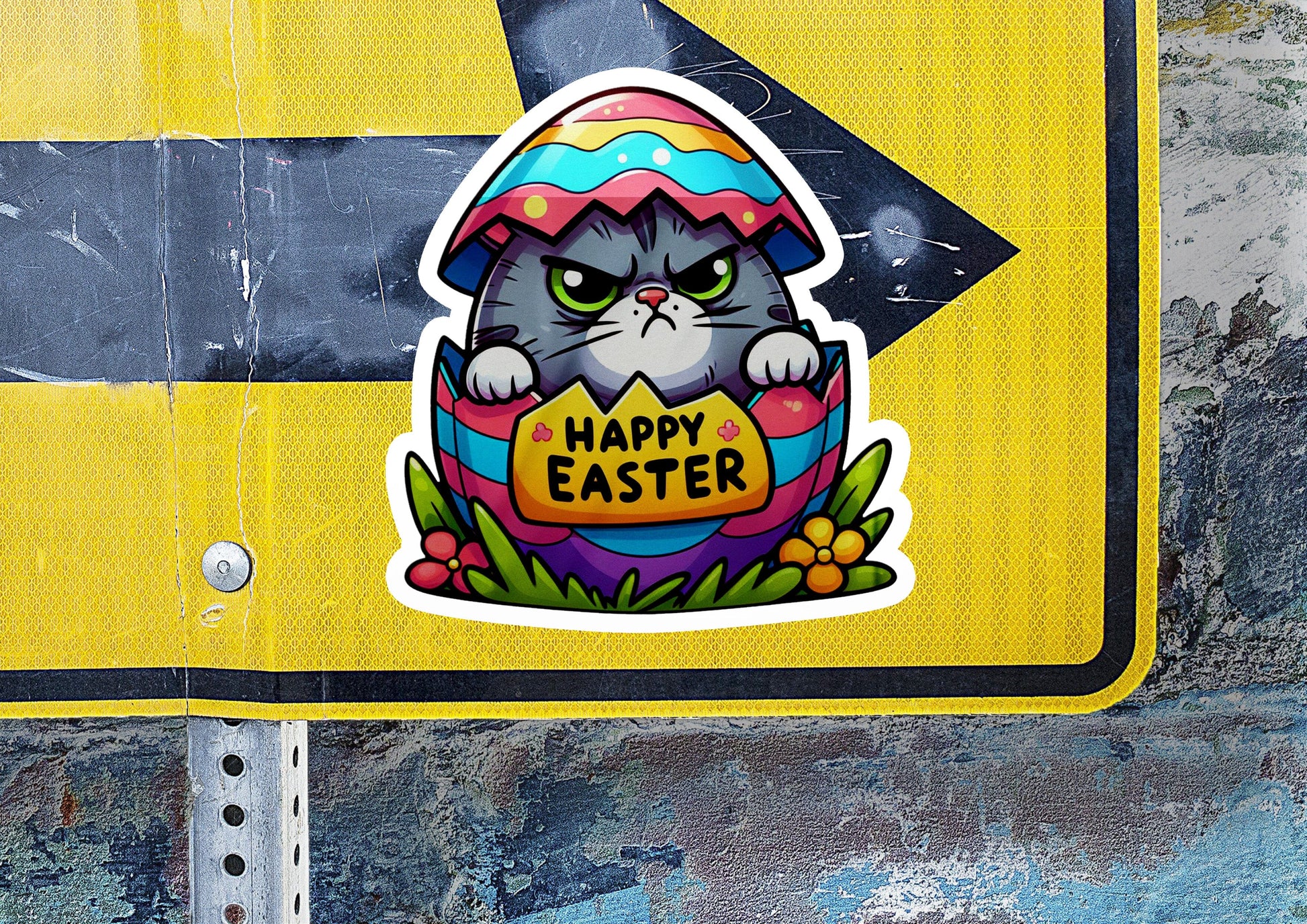 a sticker of a cat with an easter egg on it