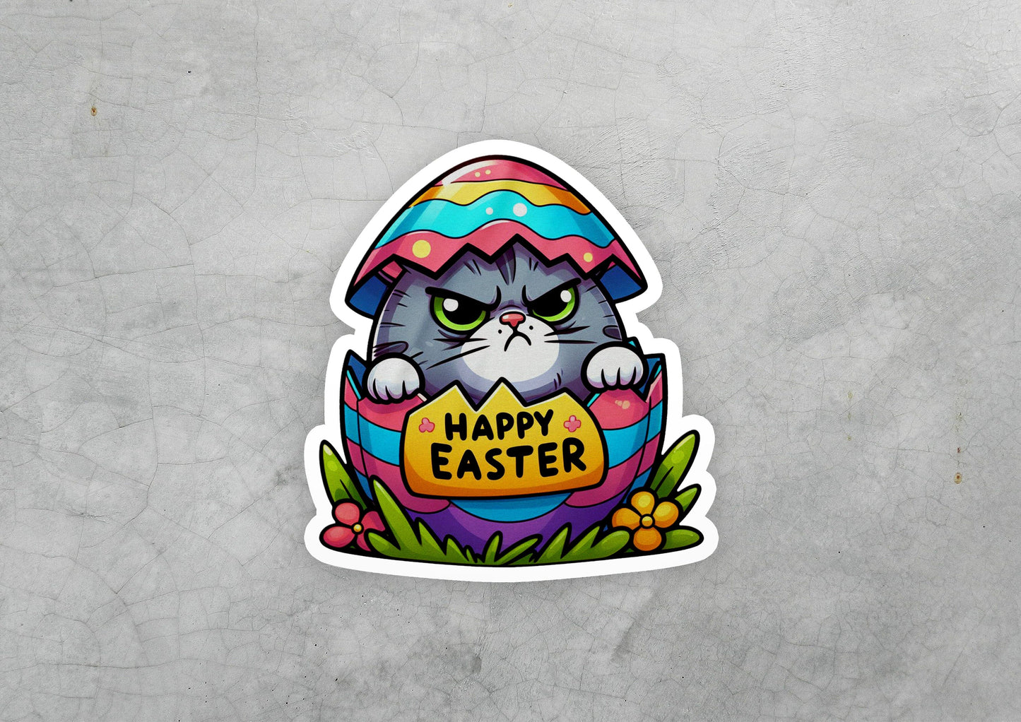 a sticker of a cat with a happy easter egg