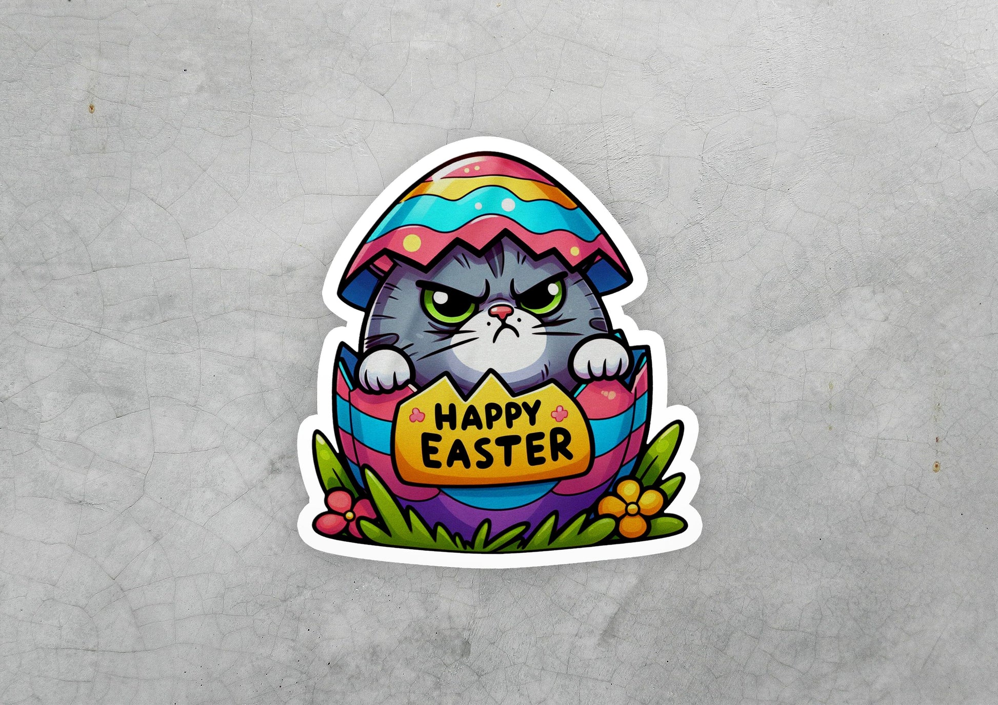 a sticker of a cat with a happy easter egg