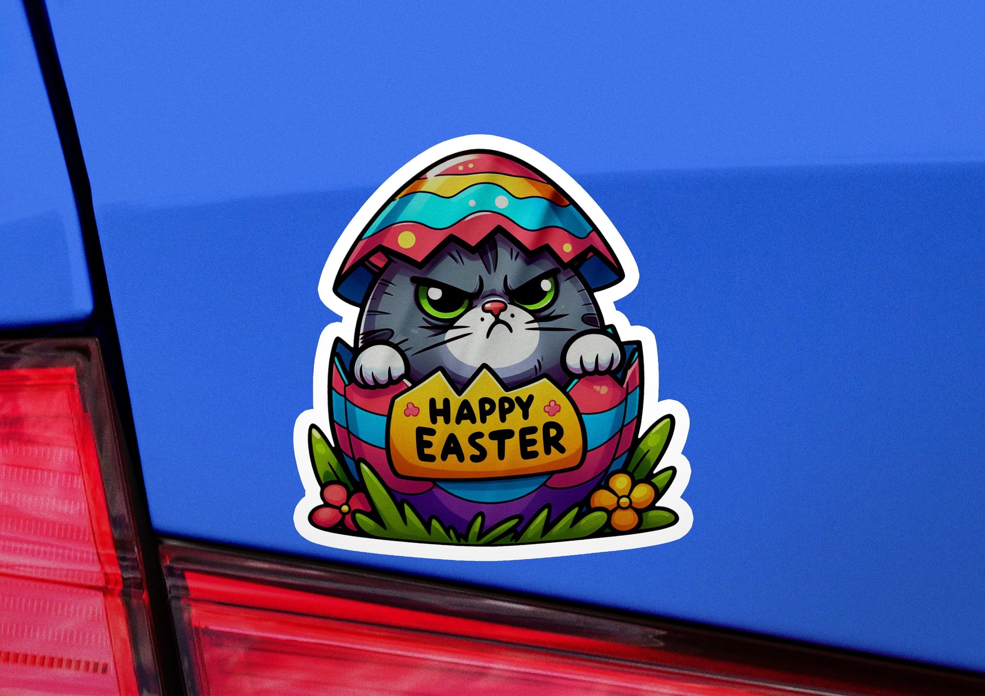 a sticker of a cat with an easter egg on it