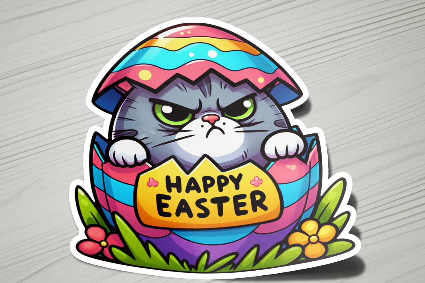 a sticker with an image of a cat inside of an egg