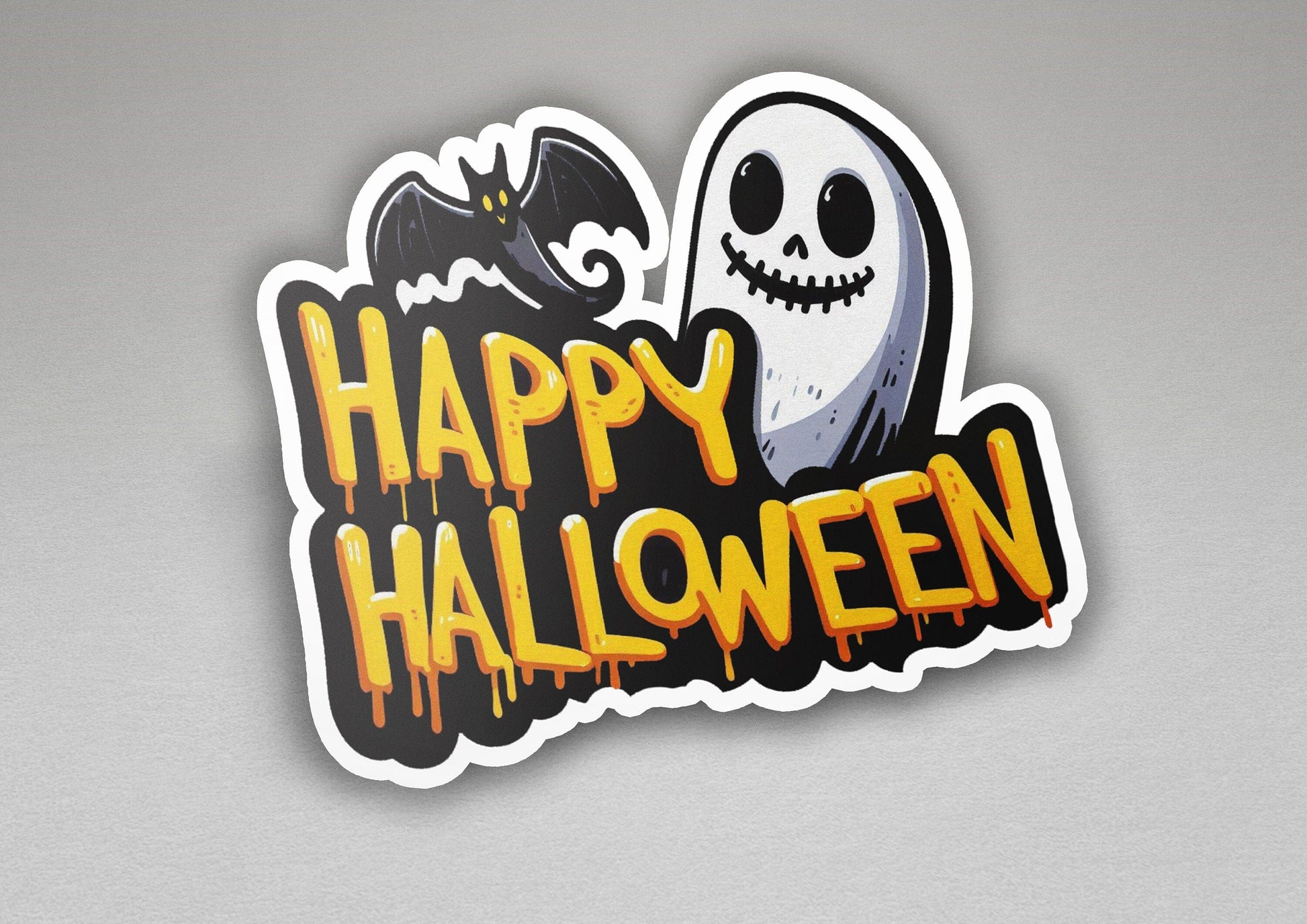 a happy halloween sticker with a ghost and a bat