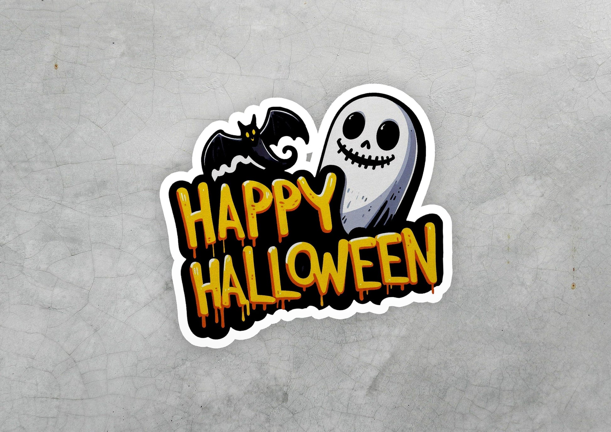 a happy halloween sticker with a ghost and a bat