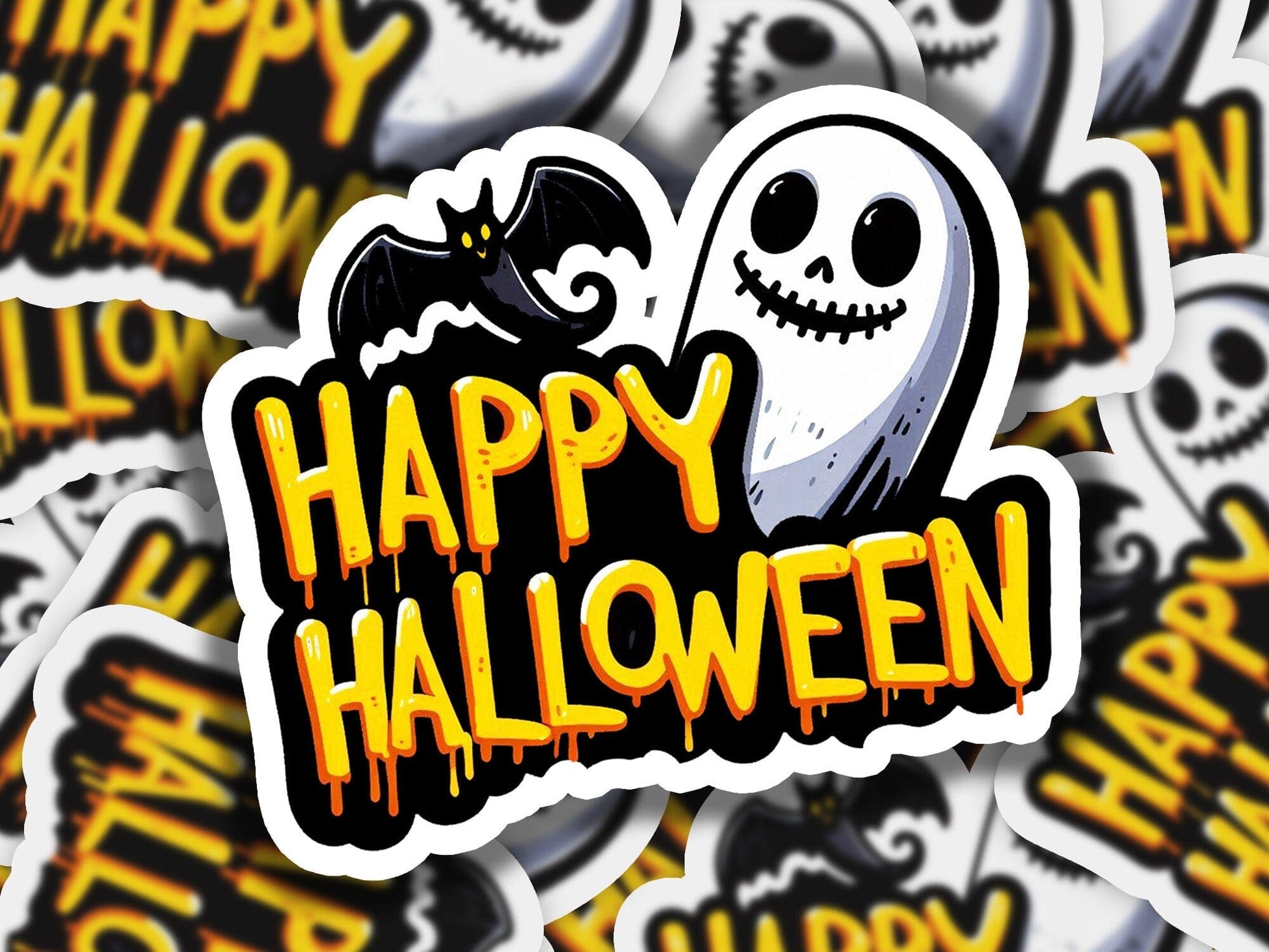 a pile of halloween stickers with a happy halloween message