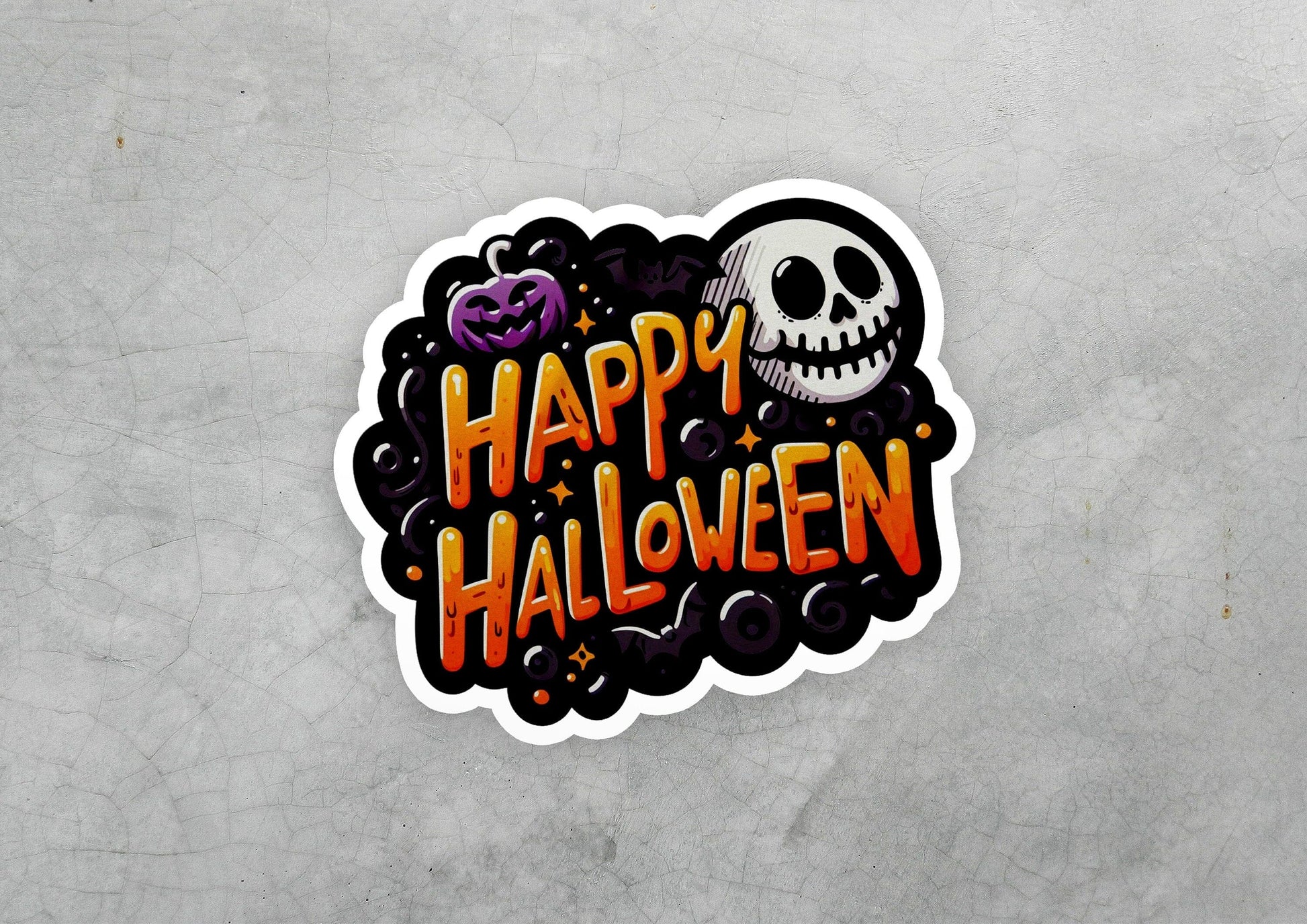 a sticker that says happy halloween with a skull on it