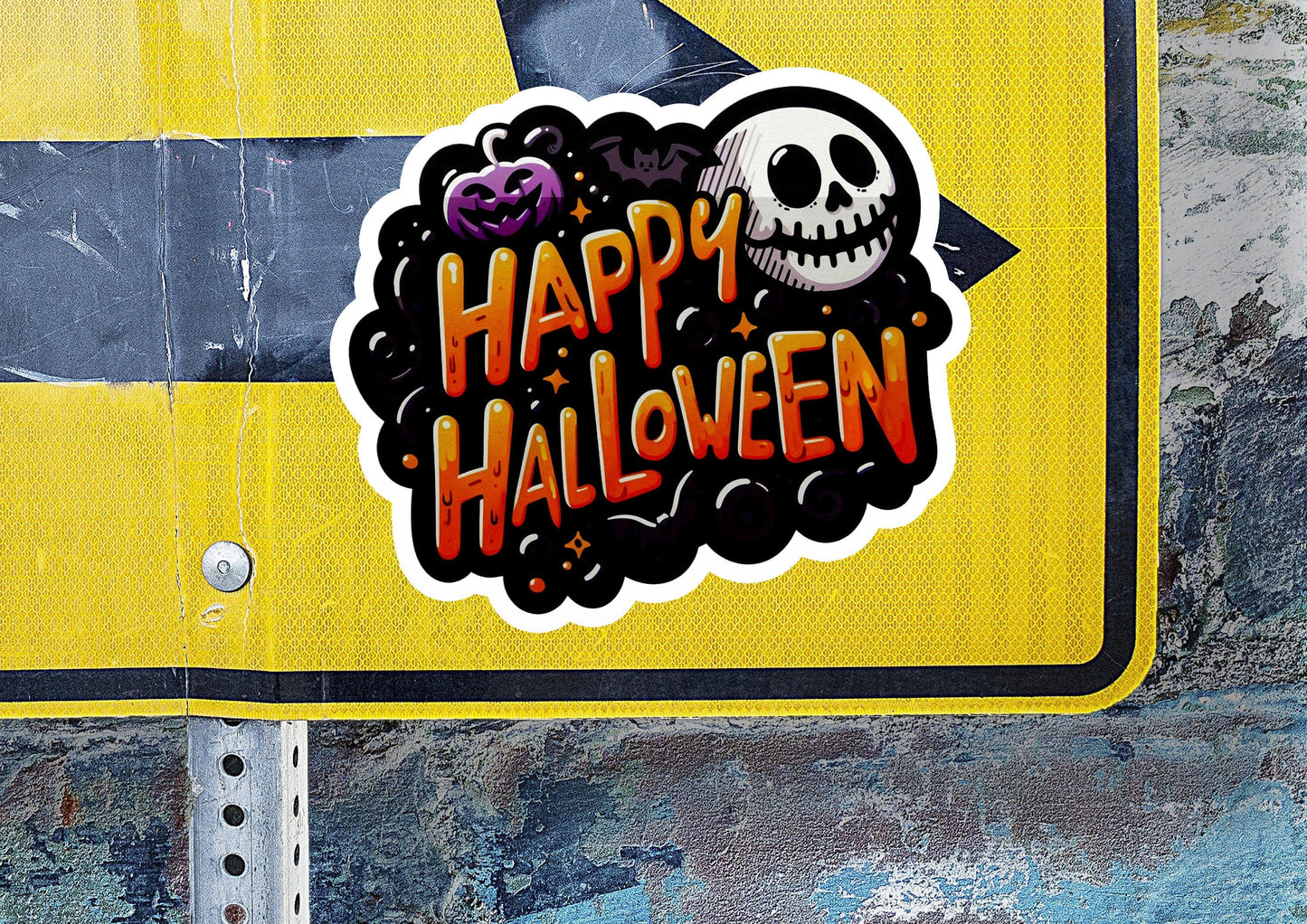 a yellow sign with a skull and a happy halloween message