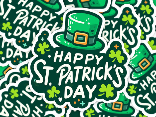 Happy St Patricks Day Hat and Clovers Vinyl Sticker | Dishwasher Safe & Durable | Custom Sizes | Fast Shipping | Made in USA Fiesta Doodle waterproof vinyl sticker. dishwasher safe outdoor sticker.