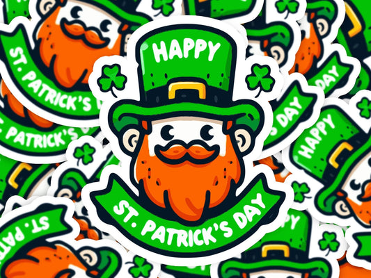 Happy St Patricks Day Leprechaun Vinyl Sticker | Dishwasher Safe & Durable | Custom Sizes | Fast Shipping | Made in USA Fiesta Doodle waterproof vinyl sticker. dishwasher safe outdoor sticker.