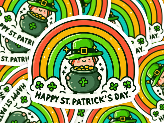Happy St Patricks Day Rainbow Leprechaun Vinyl Sticker | Dishwasher Safe & Durable | Custom Sizes | Fast Shipping | Made in USA Fiesta Doodle waterproof vinyl sticker. dishwasher safe outdoor sticker.