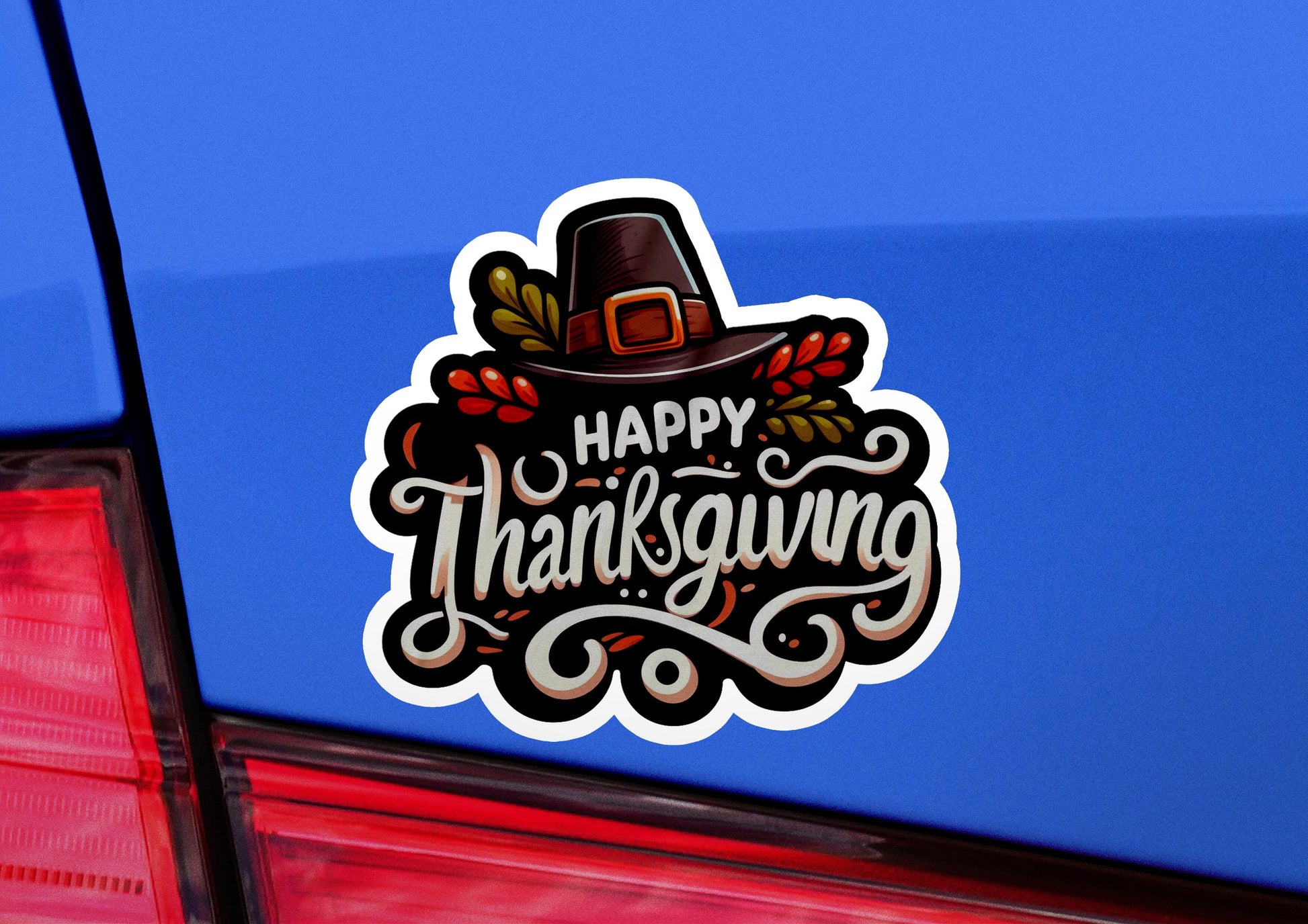 a happy thanksgiving sticker on the back of a car