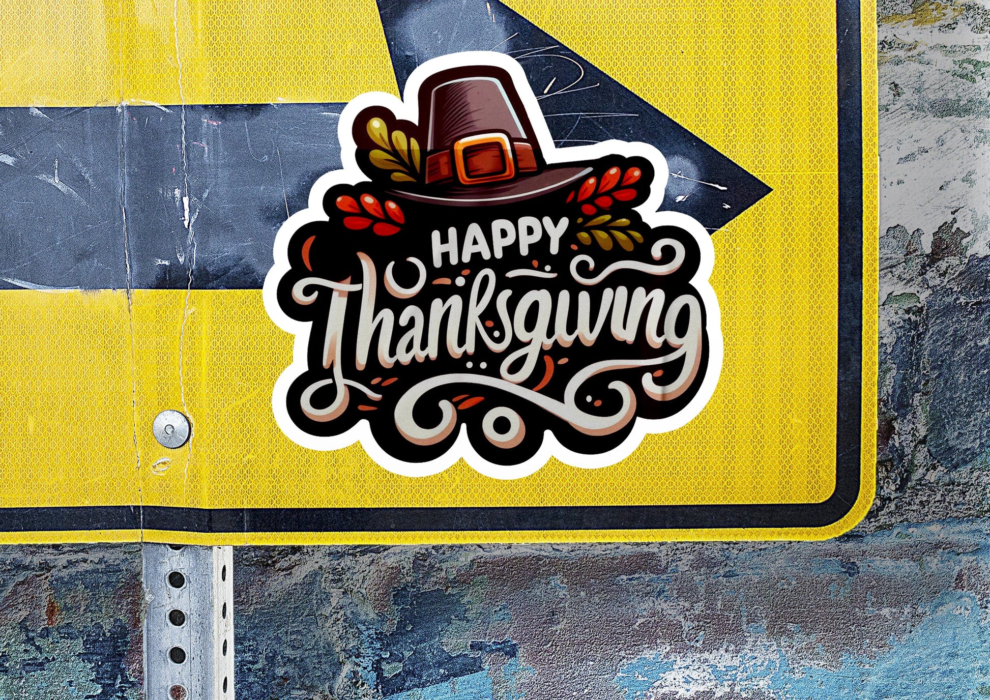a happy thanksgiving sticker on the side of a street sign